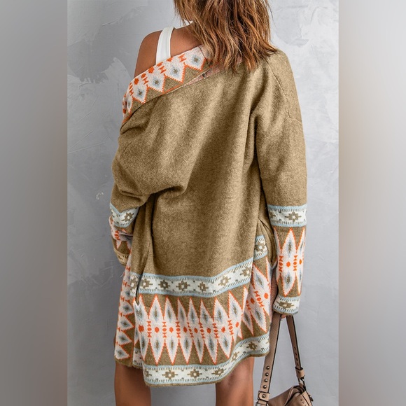 Geo Print Open Front Long Turtleneck Knitted Cardigan brown - Picture 8 of 11